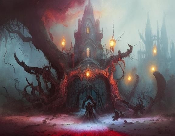 Eerie Underworld City Made of Bones in Oil Painting Style