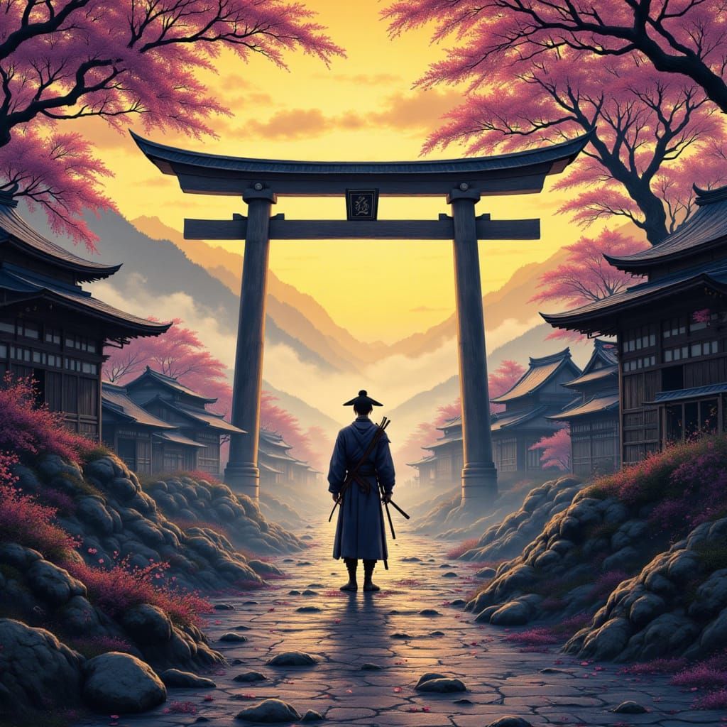 Lone Ronin Beneath Tori Gate in Dark Fantasy Style