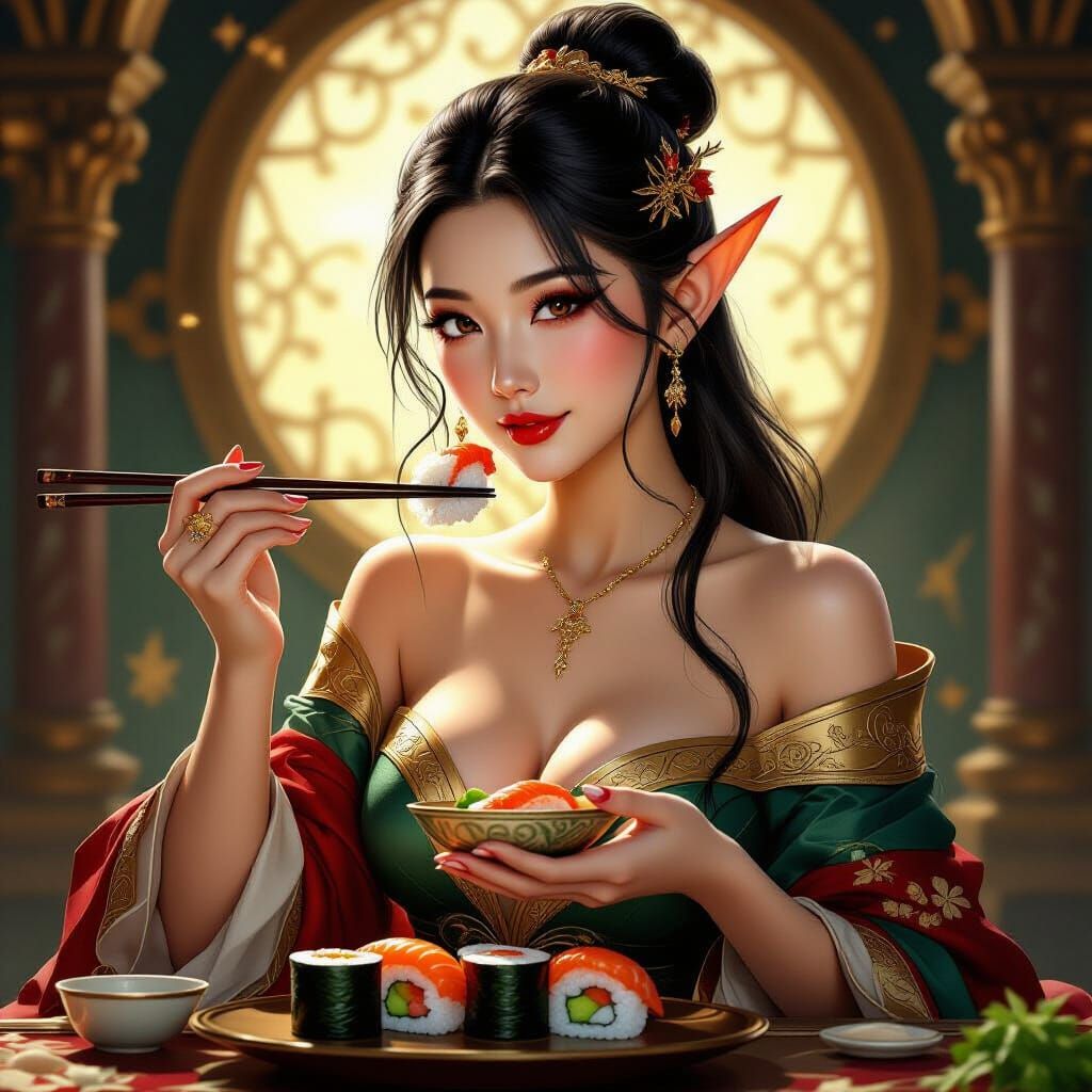 Asian Elf Woman Eating Sushi Renaissance Style