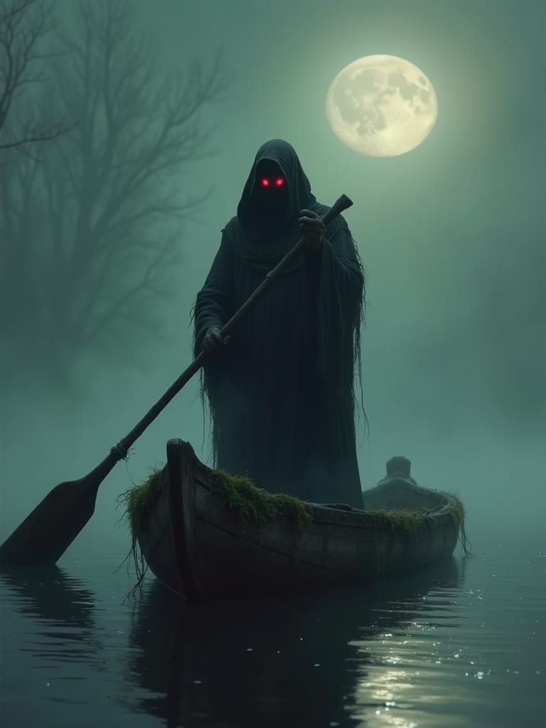 Mysterious Figure Rows Boat Through Moonless Night