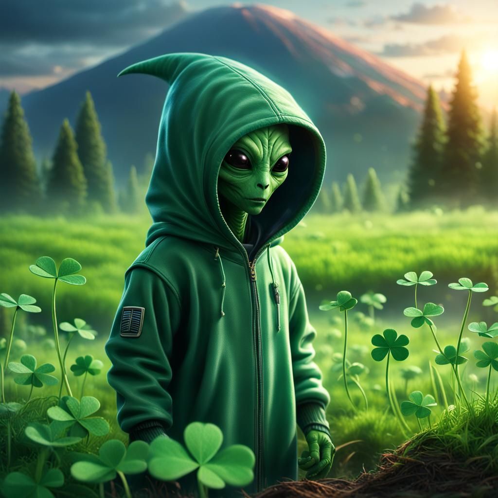 Hooded Alien Searches for Clover at Sunset