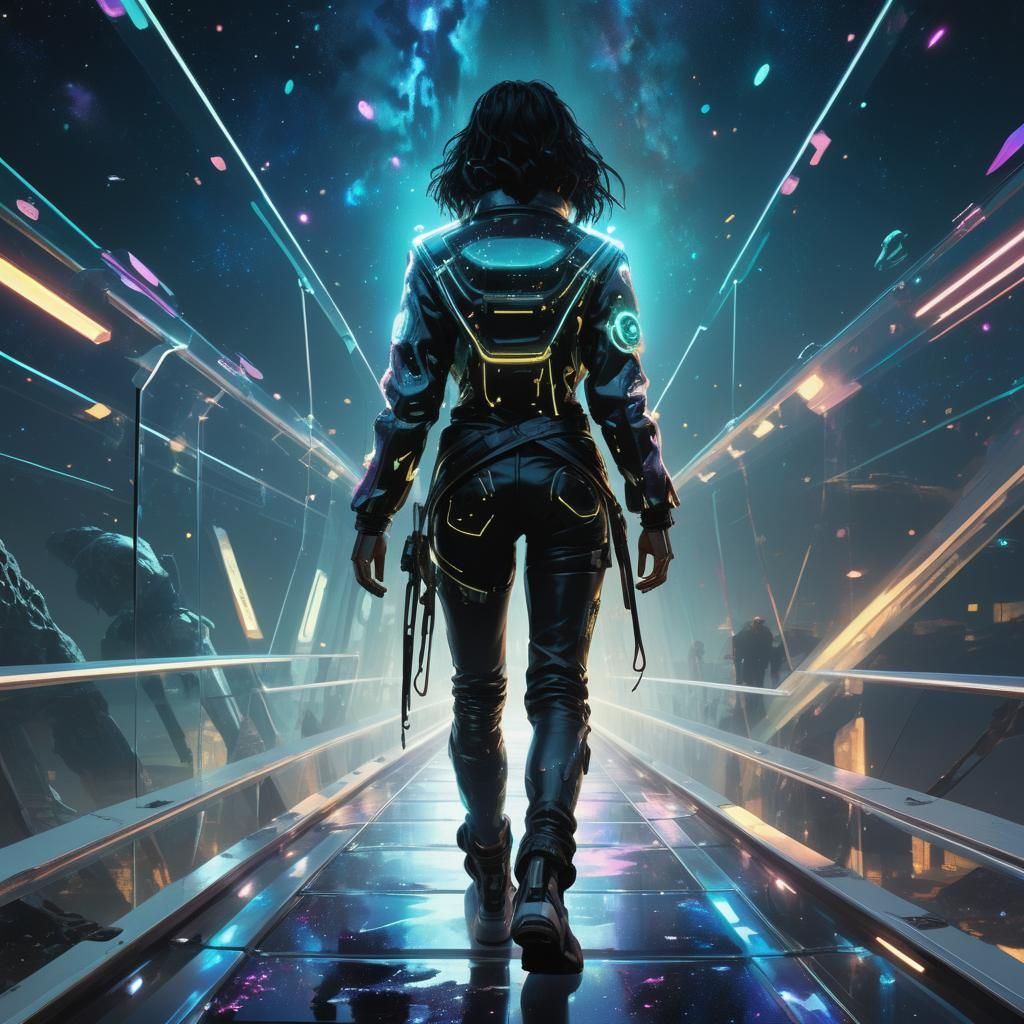 Cyberpunk Figure Walks Glass Bridge in Galaxy