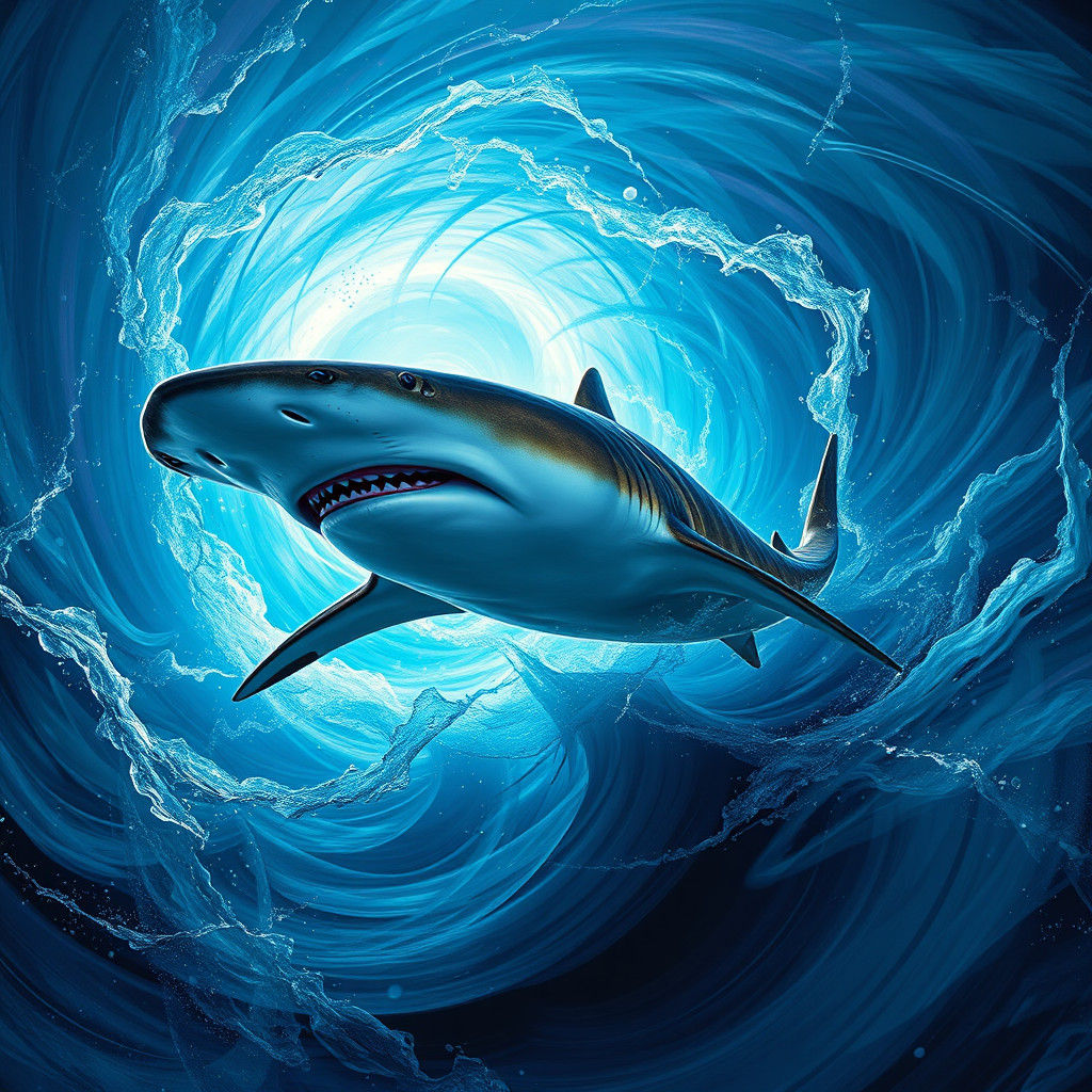 Hammerhead Shark Breaching Bioluminescent Sea in Surreal Sty...