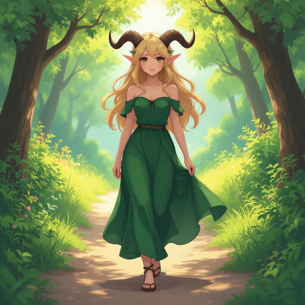 Anime Elf Girl with Horns on Nature Path