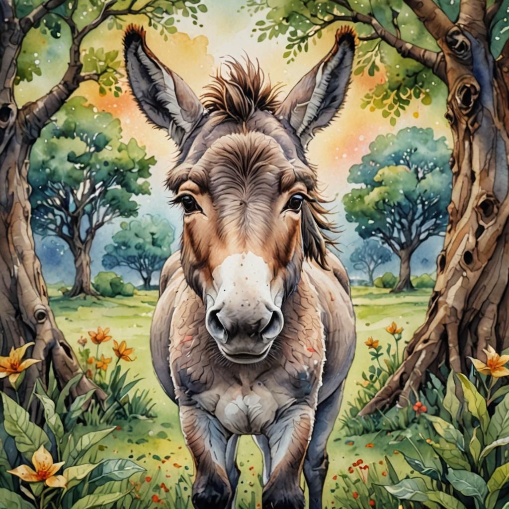 Watercolor Chibi Donkey and Tree of Life
