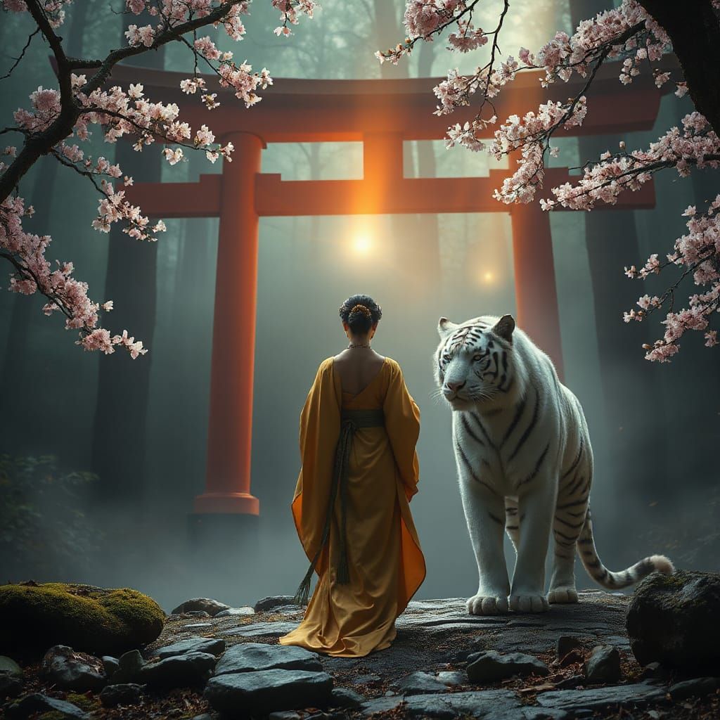 Tiger Princess and Spirit Before Mystical Torii Gate
