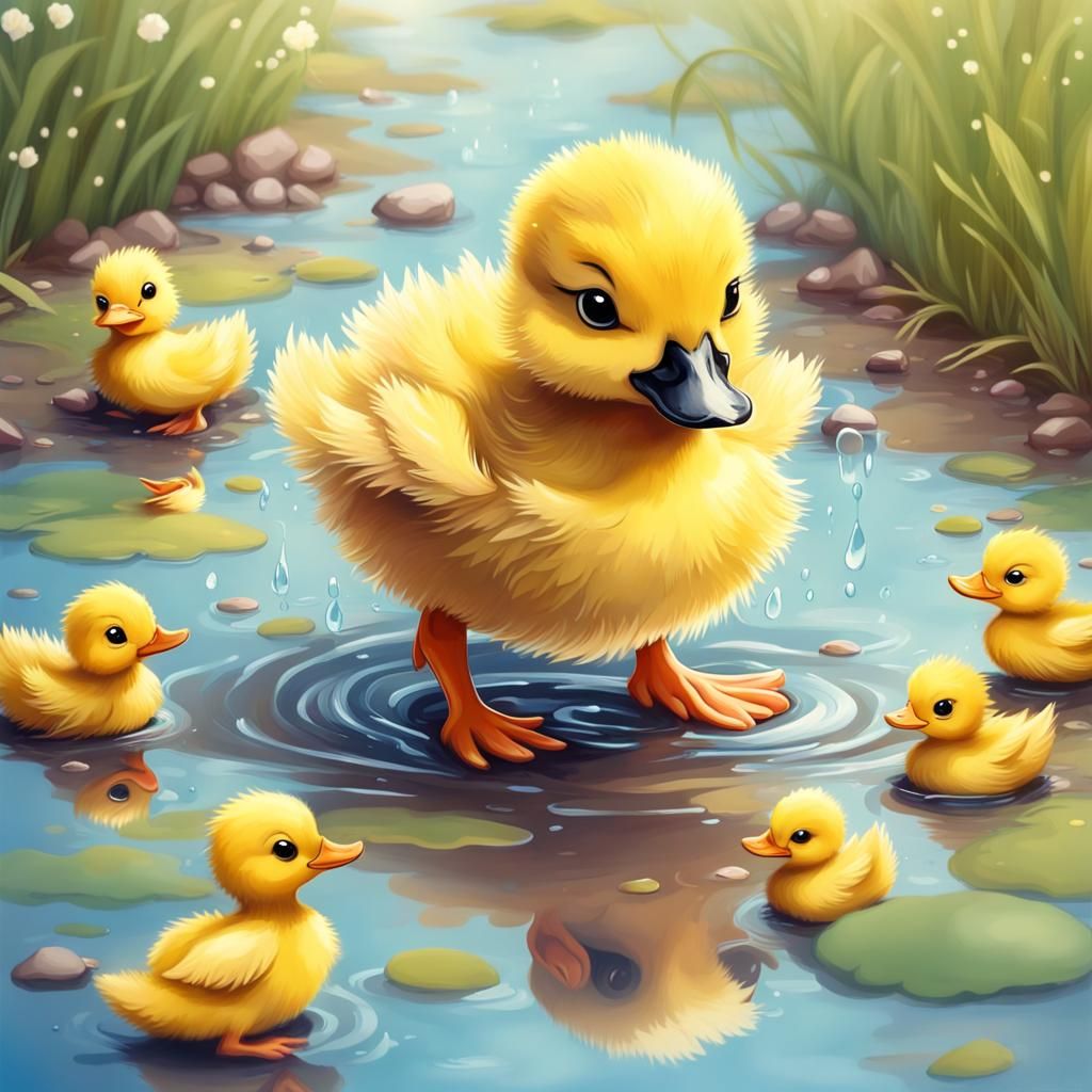 Adorable Duckling Plays in Puddle: Kawaii Style