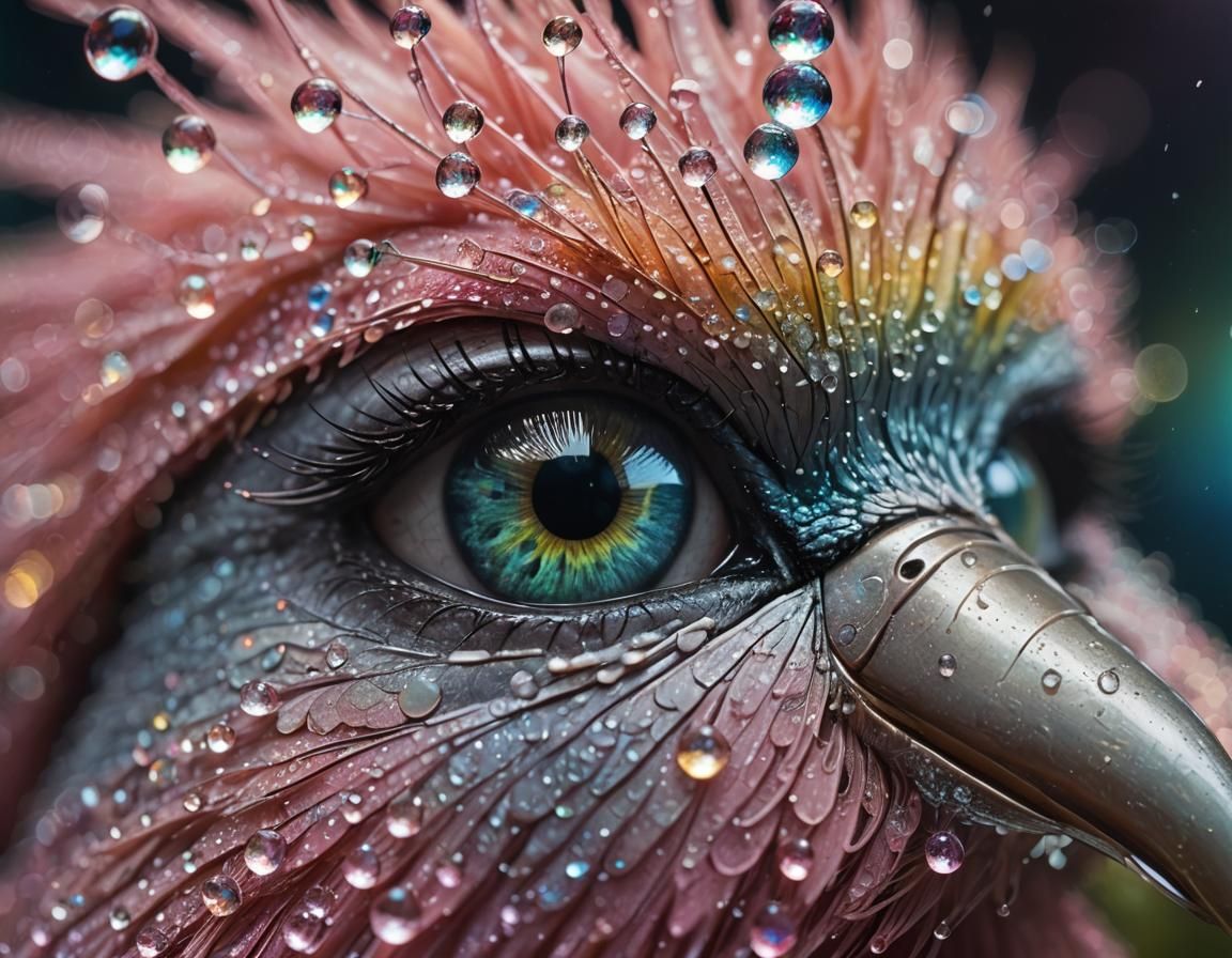 Moonlit Bird with Rainbow Dew Drops: Macro Photograph