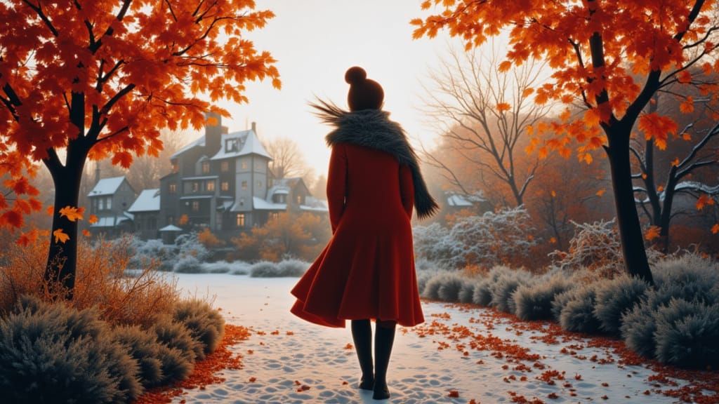 Woman in Cozy Sweater in Autumn Christmas Village
