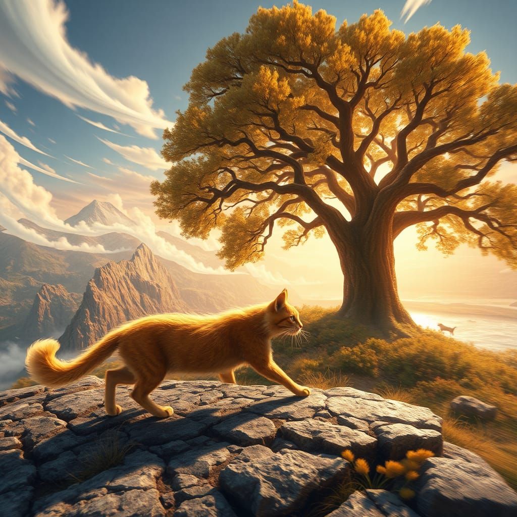 Whimsical Landscape: Mountain and Tree in Surreal Dance