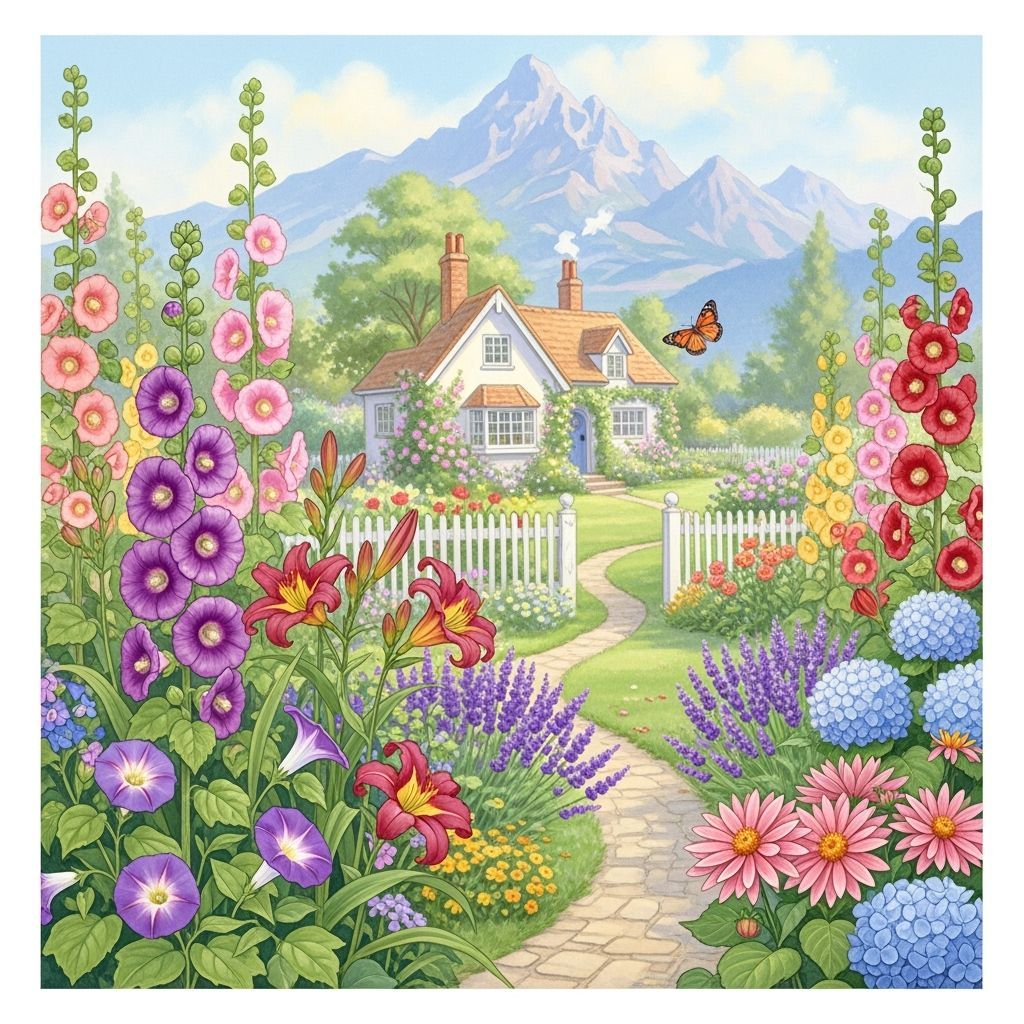 Colorful Cottage Garden Scene in Watercolor Style