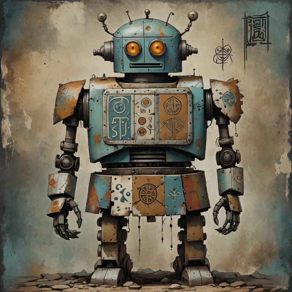 Whimsical Robot Golem with Hebrew Sigil