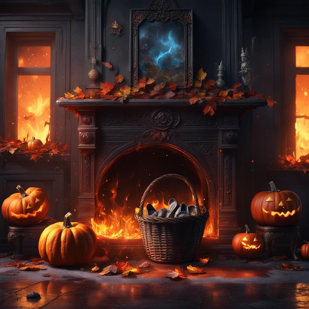 Dying Fireplace with Pumpkin and Crystal Shoe