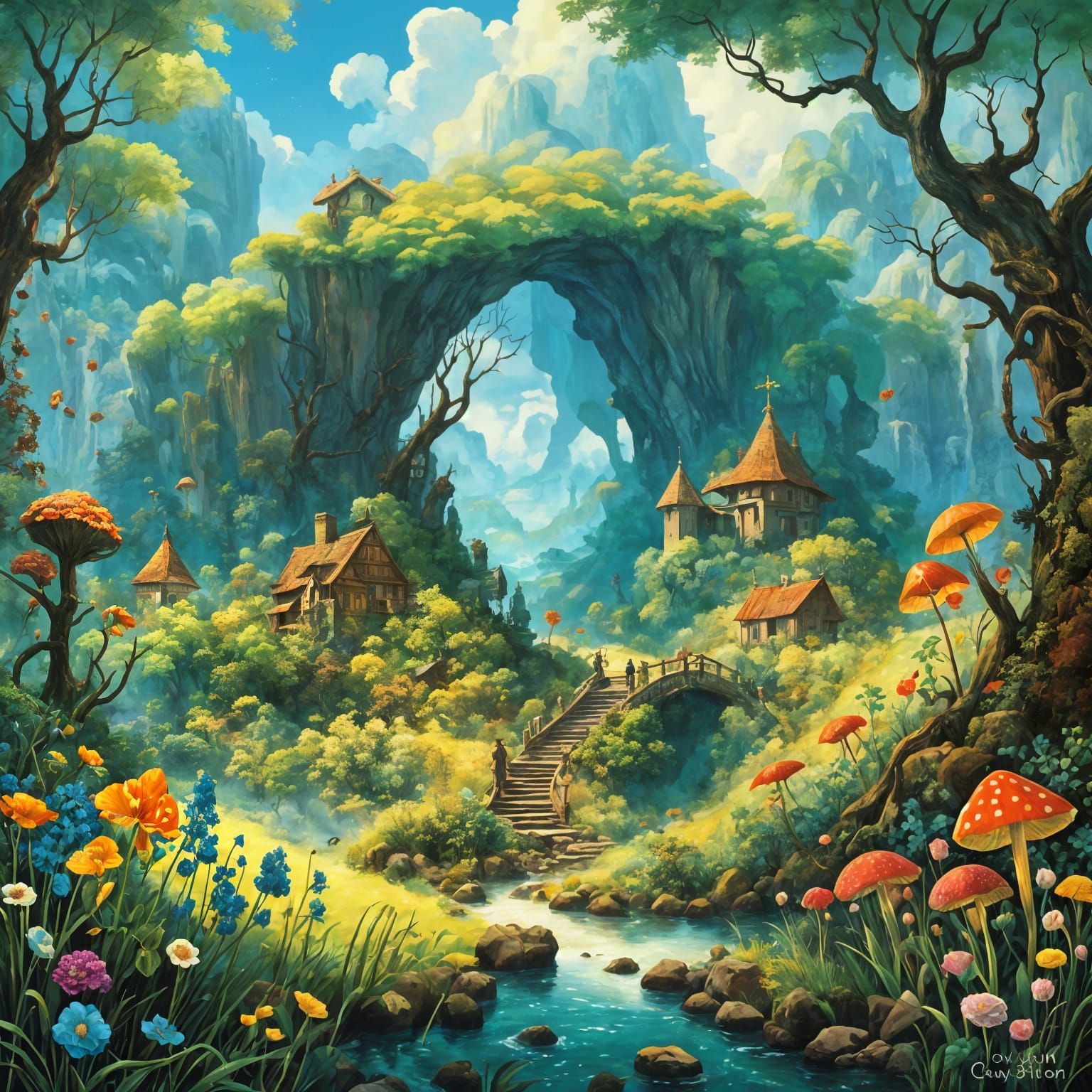 Whimsical Fairytale Landscape Illustration in Colorful Style