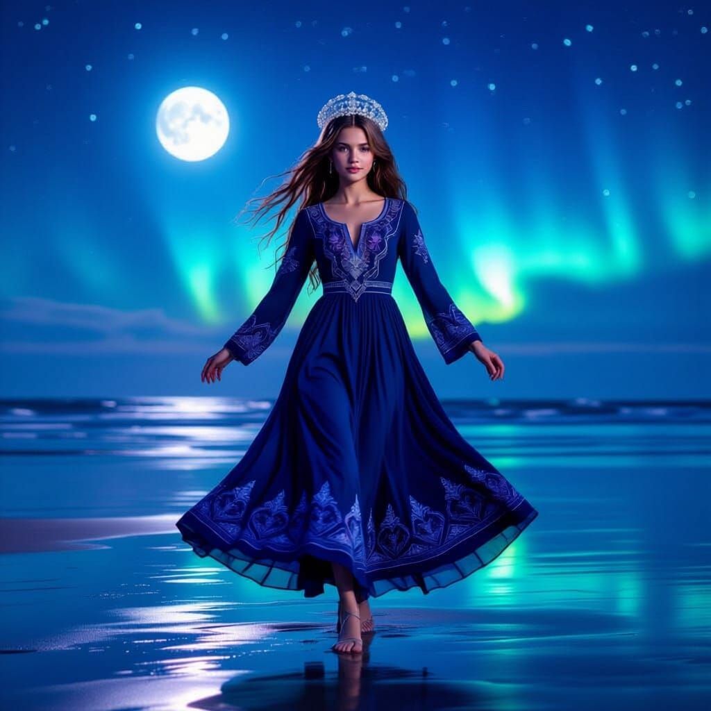 Teenage Girl Dances on Beach Under Northern Lights