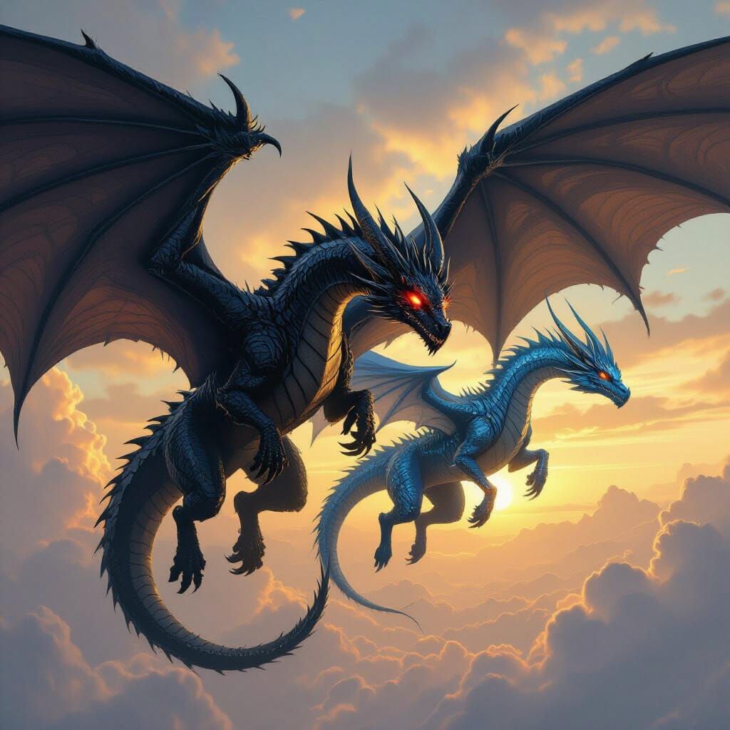 Dragons Soaring Together in a Fantasy Sky