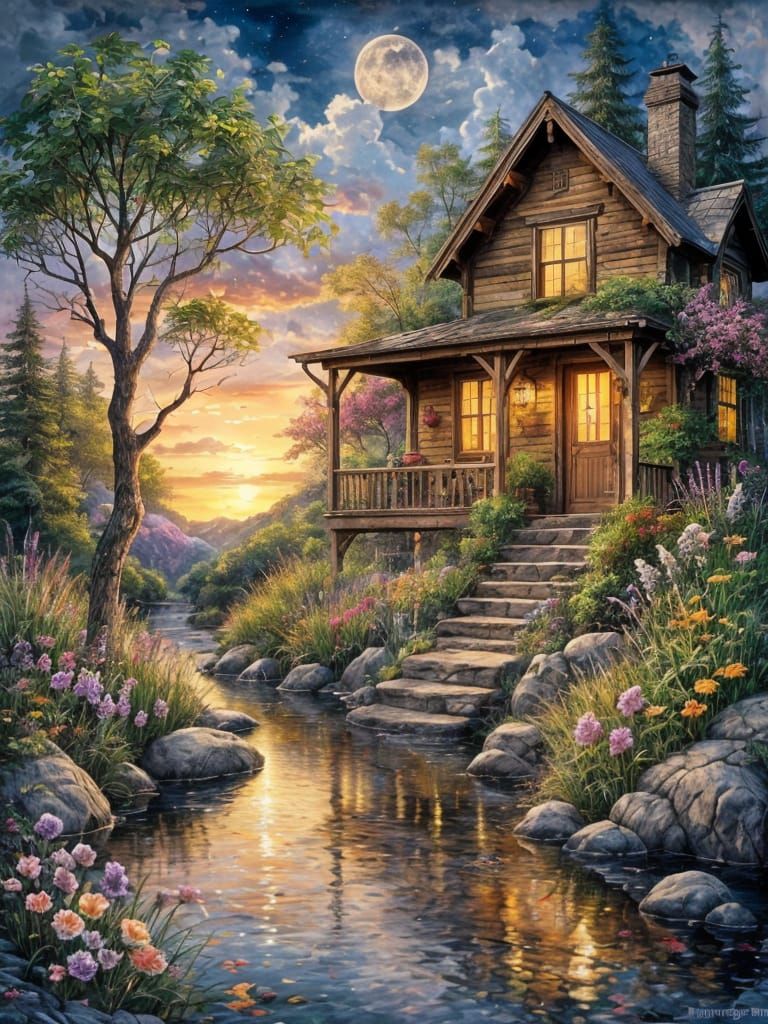 Whimsical Summer Cottage by a Moonlit Pond