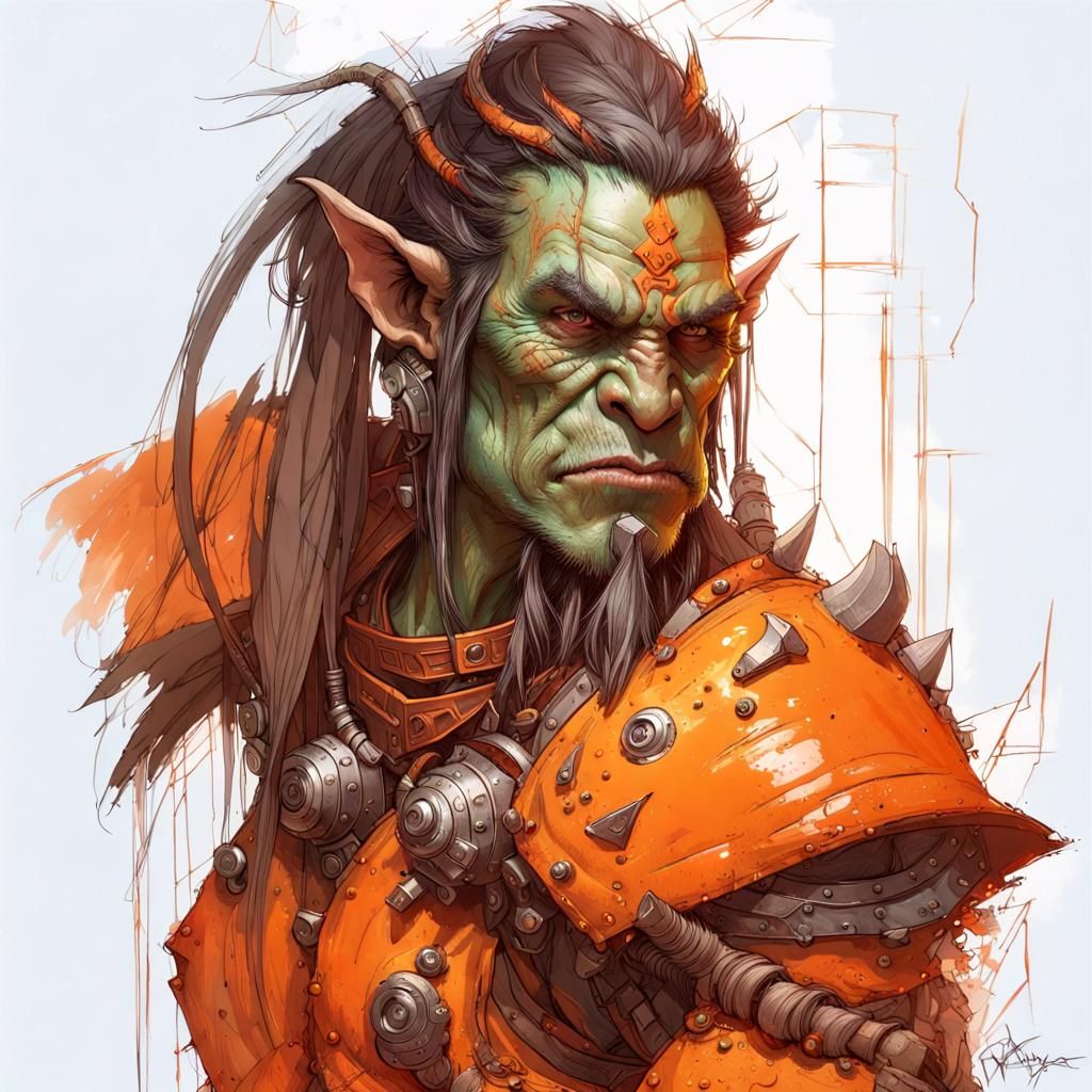 Orc Warrior Portrait with Orange Armor, Digital Art