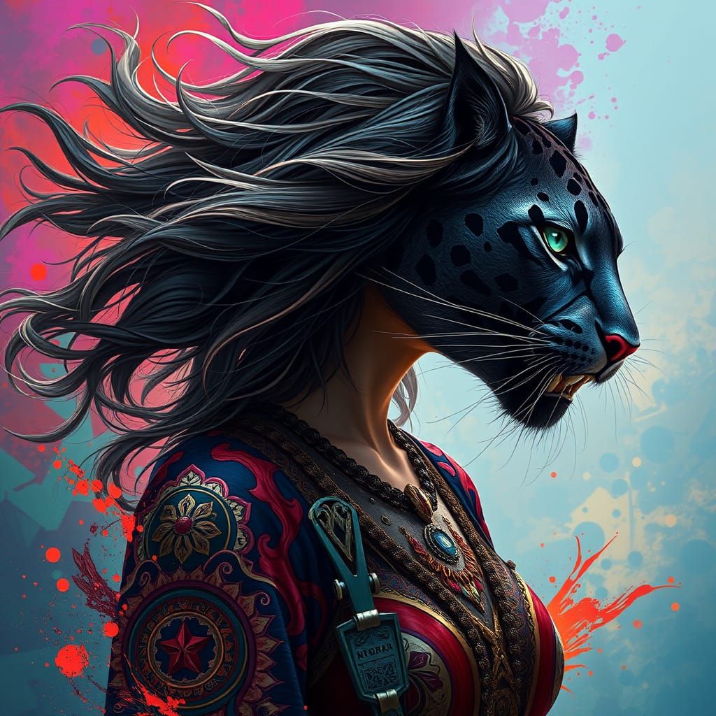 Woman Transforms to Panther in Splash Art Style