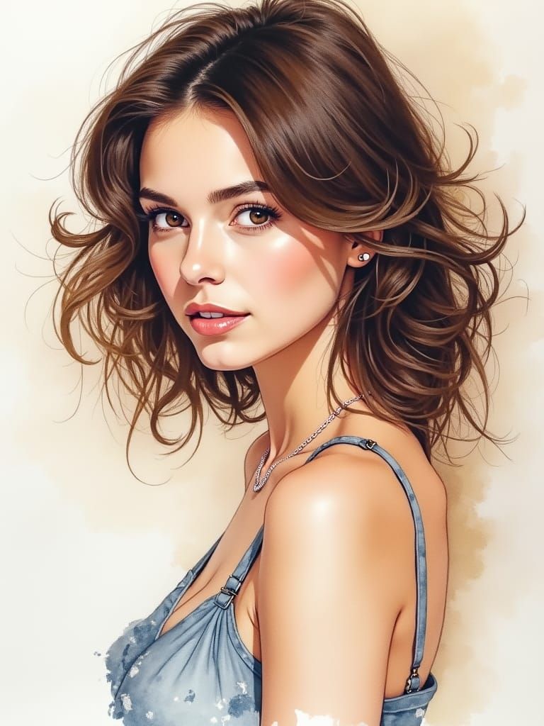 Impressionistic Watercolor Portrait of Woman with Pageboy Ha...