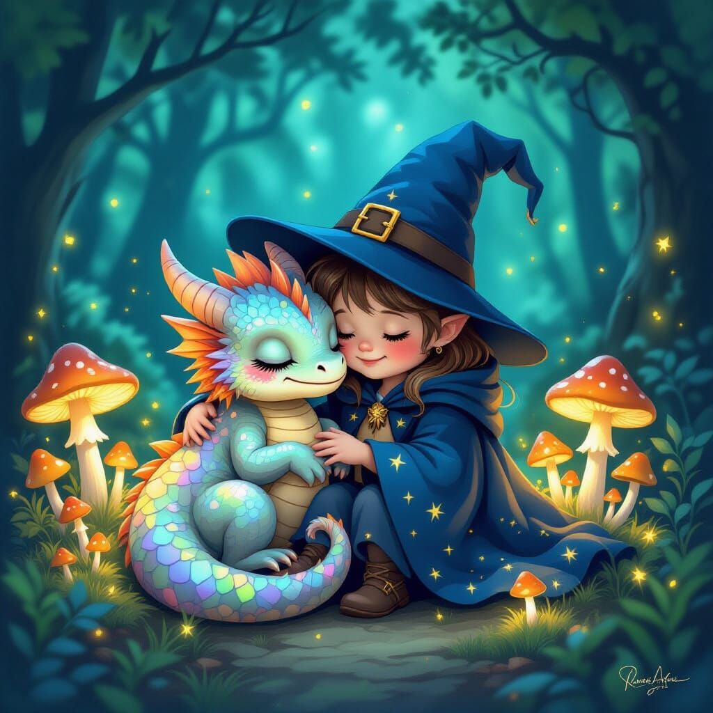 Baby Dragon and Witch Friends in Magical Forest