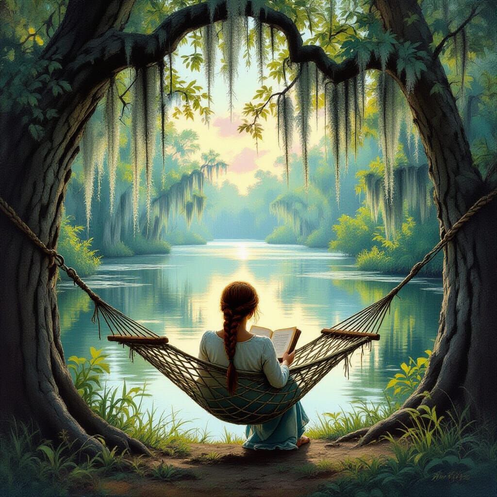 Woman Reading in Hammock by Louisiana Bayou