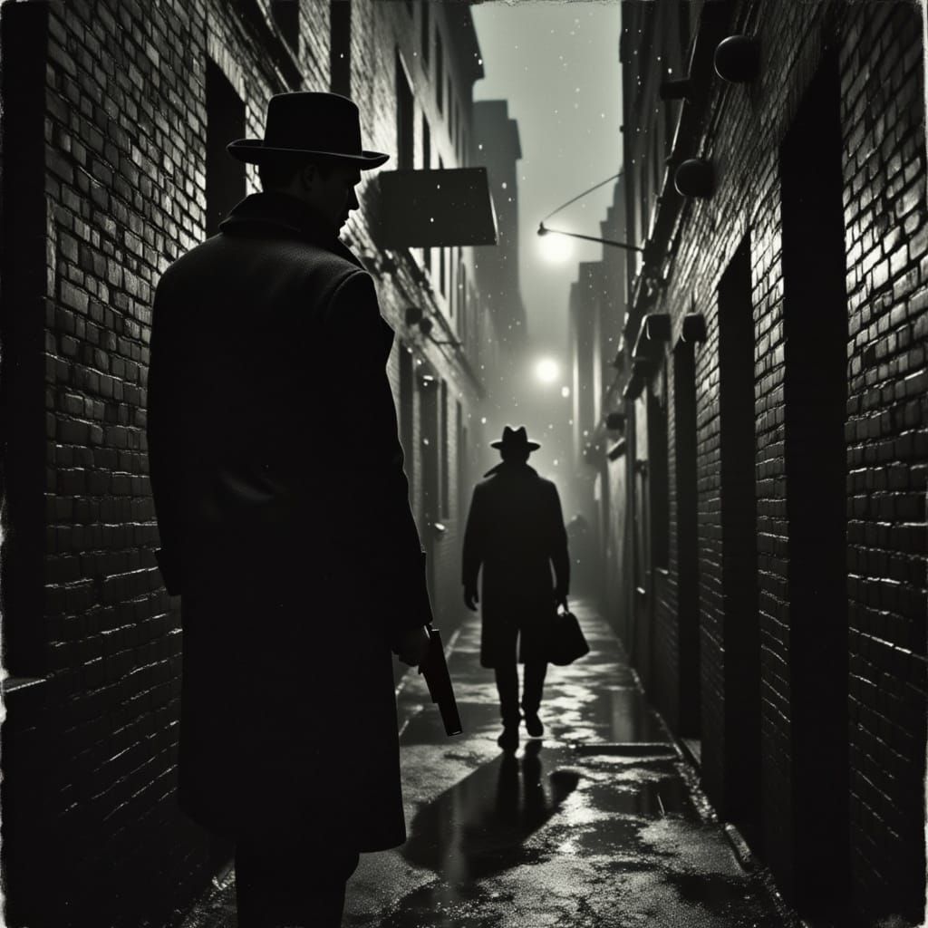 1940s Detective in Rainy Alley: Film Noir Style