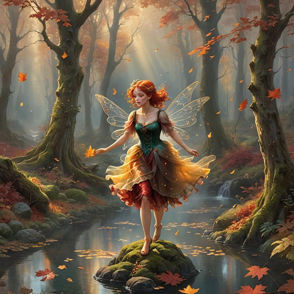 Ethereal Autumn Fairy in Misty Woods