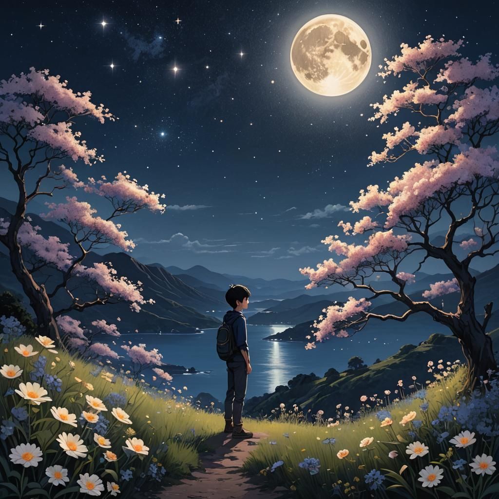 Moonlit Boy on Hill in Anime Style
