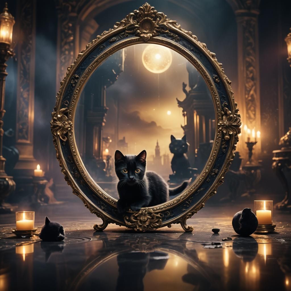 Black Kitten and Panther Reflection in Baroque Mirror