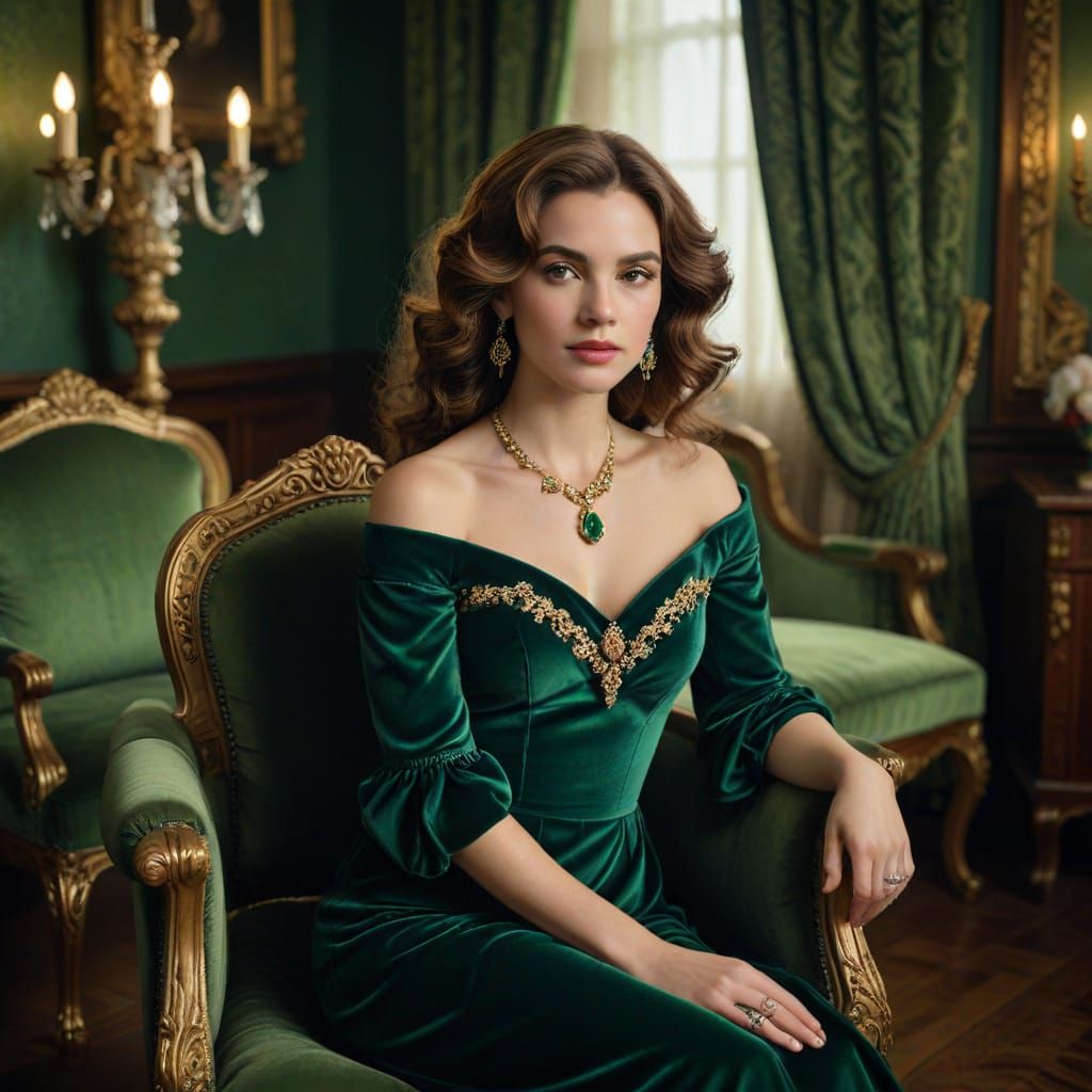 Elegant Woman in Green Dress, Vintage Photograph
