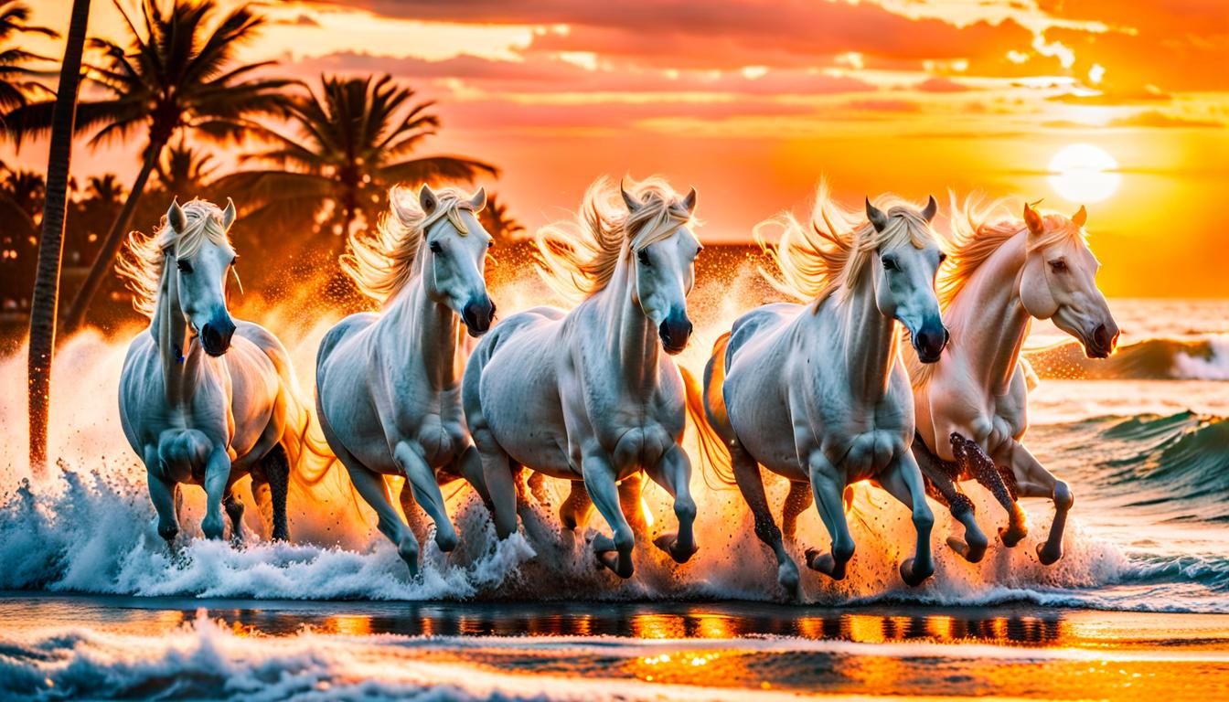 White Horses Stampede on Tropical Beach at Sunset