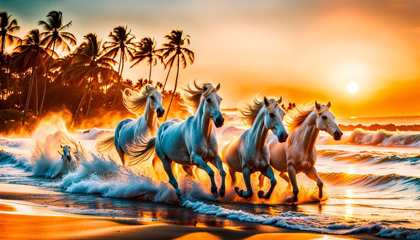 Wild Horses Stampede on Tropical Beach at Sunset