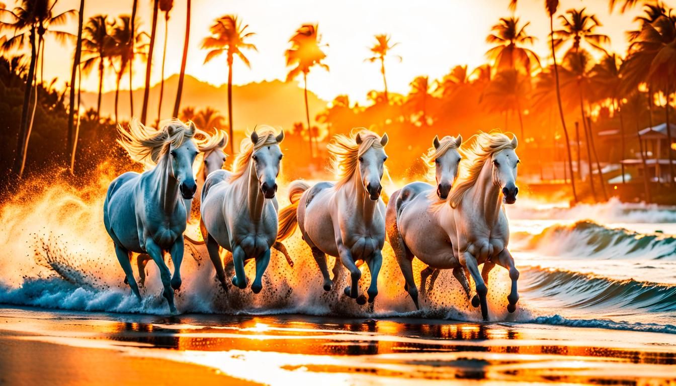 White Horses Stampede on Tropical Beach at Sunset