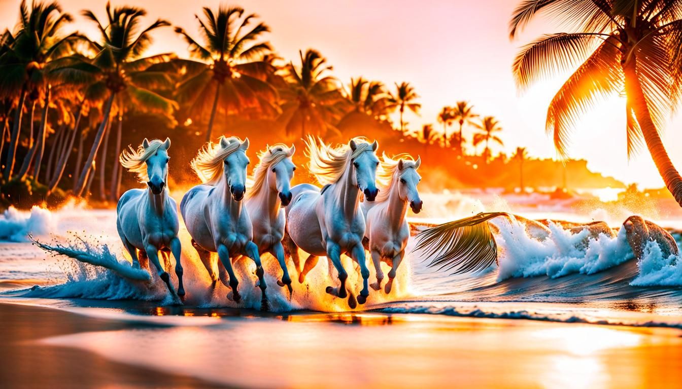 White Horses Stampede on Tropical Beach at Sunset