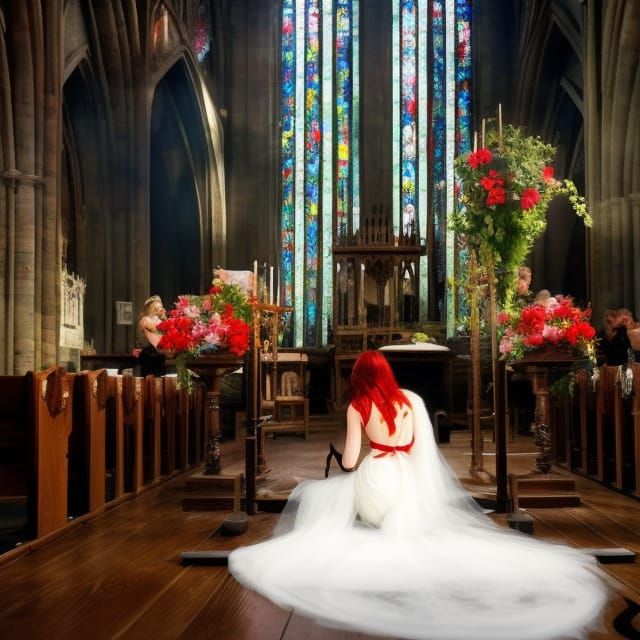 Red-Haired Girl on Altar: Gouache Style Illustration