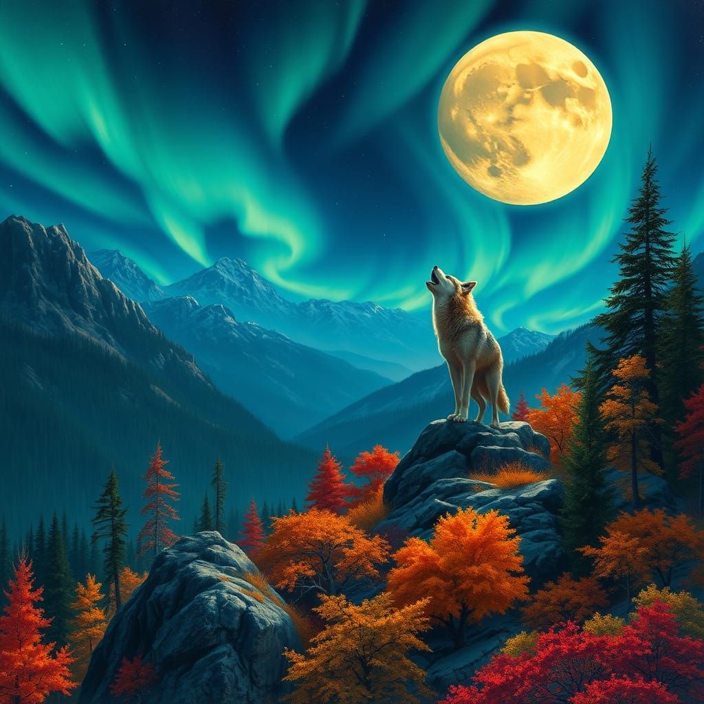 Wolf Howls Under Autumn Moon and Northern Lights