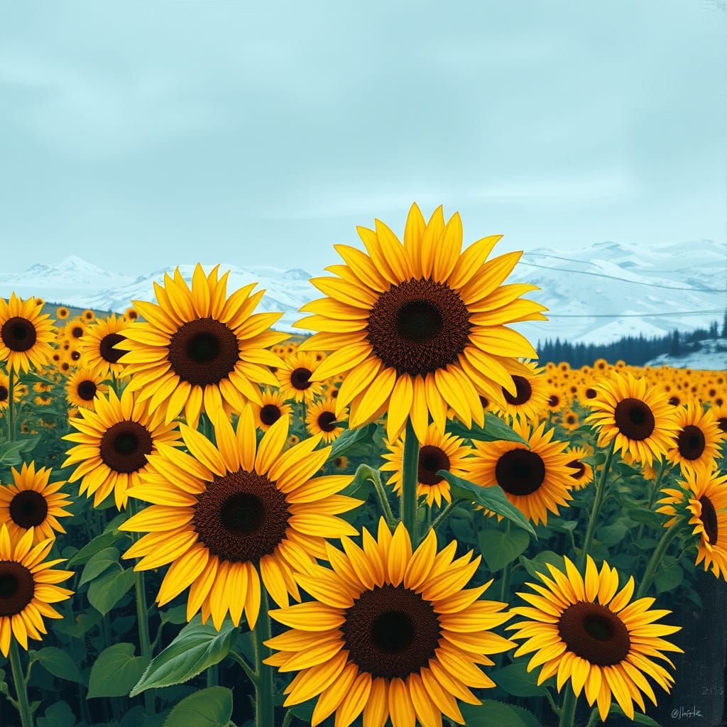 Sunflowers Meet Snow: Abstract Expressionist Landscape
