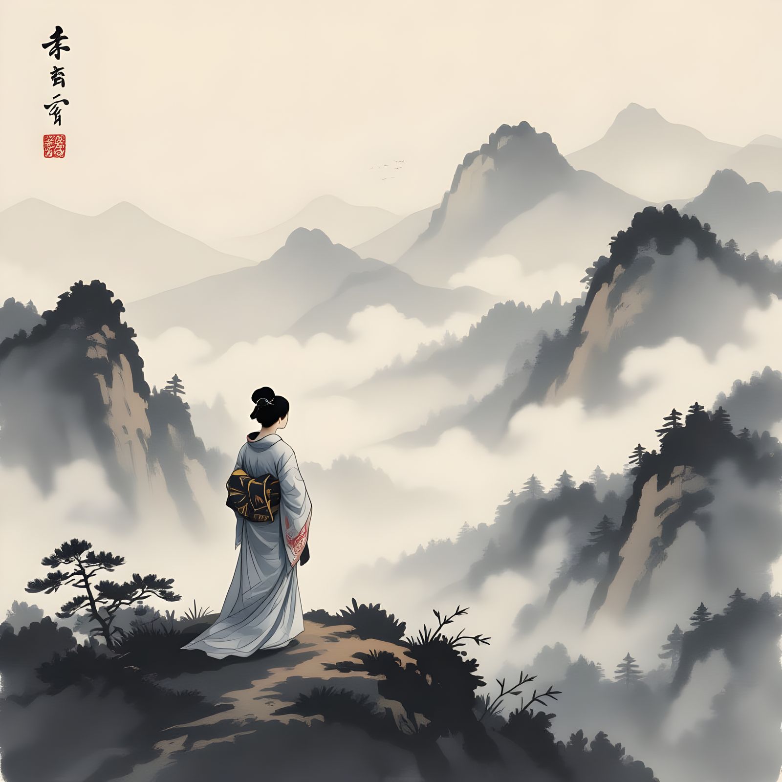 Woman Gazing at Misty Valley in Japanese Ink Style