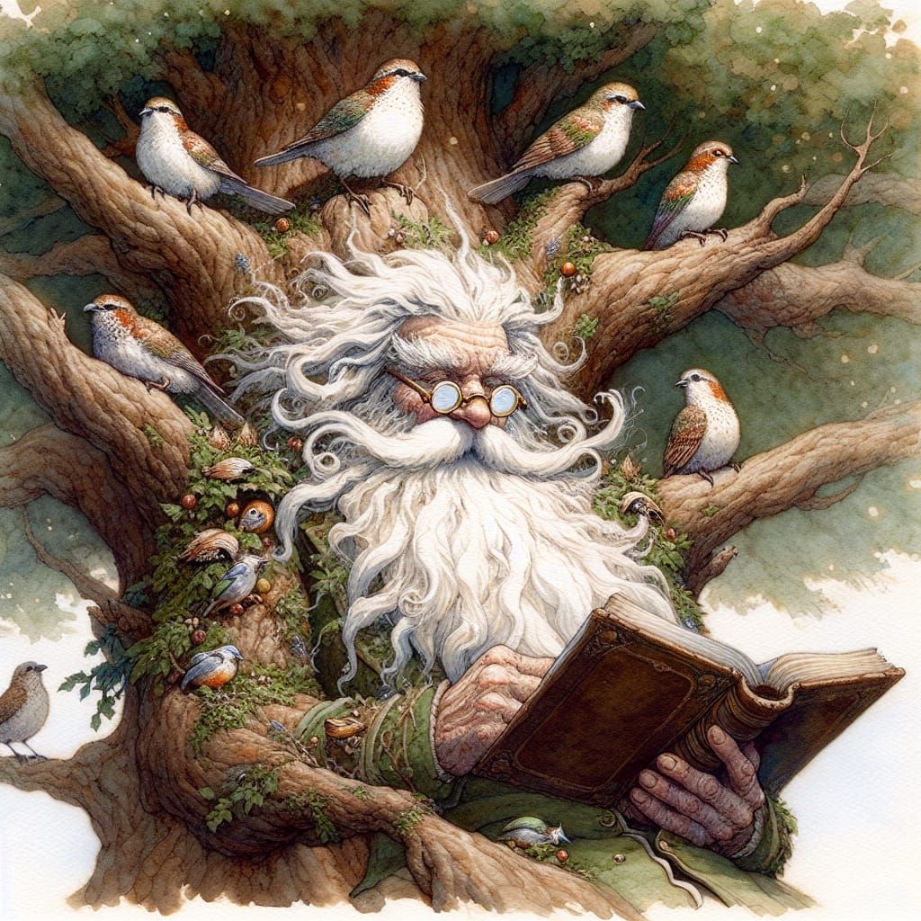 Tree Wizard Reading Book in Watercolor Style