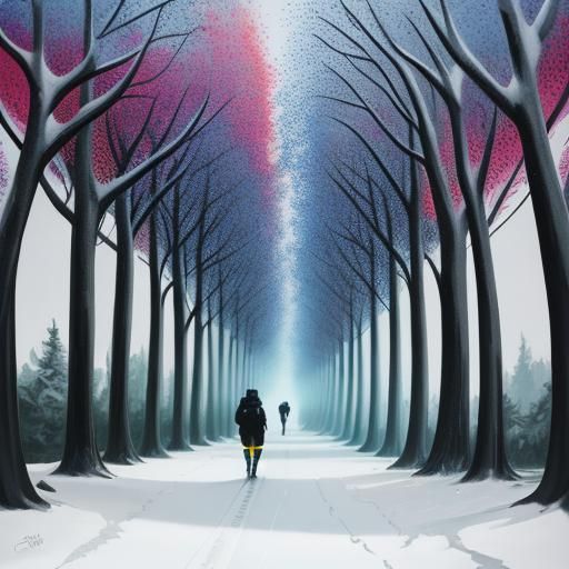 Woman Walks Snowy Path in Graffiti Art Style