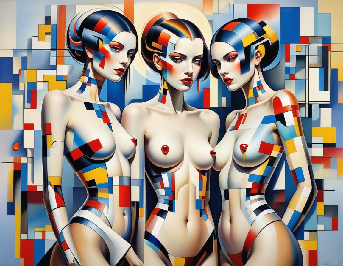 Futuristic Women with Cybernetic Tattoos in Cubist Style