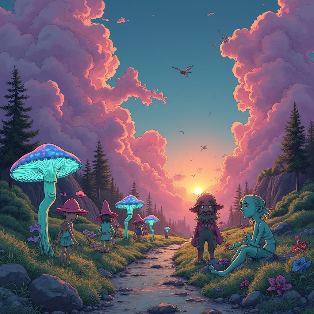 Fantastical Creatures in Vibrant 80's Anime Landscape