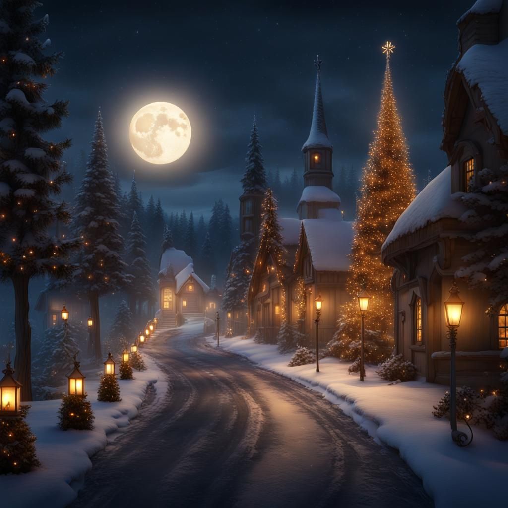 Snowy Village Luminary Path Under Moonlight, Matte Painting