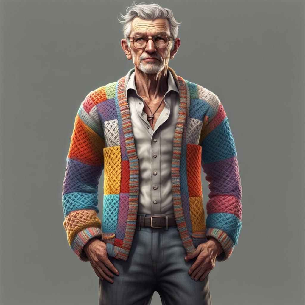 Male Model in Multicolored Crochet Cardigan