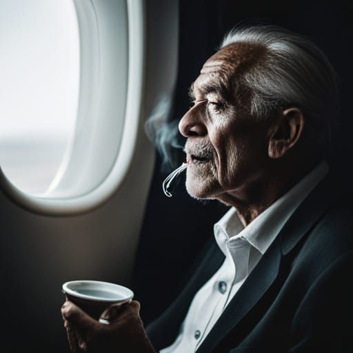 Intense Portrait of Old Man Smoking on Plane