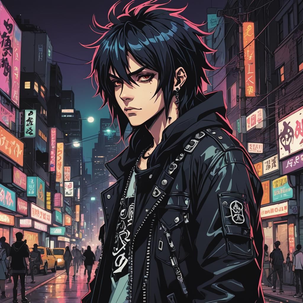 Emo Teen in Neon Cityscape, Anime Style