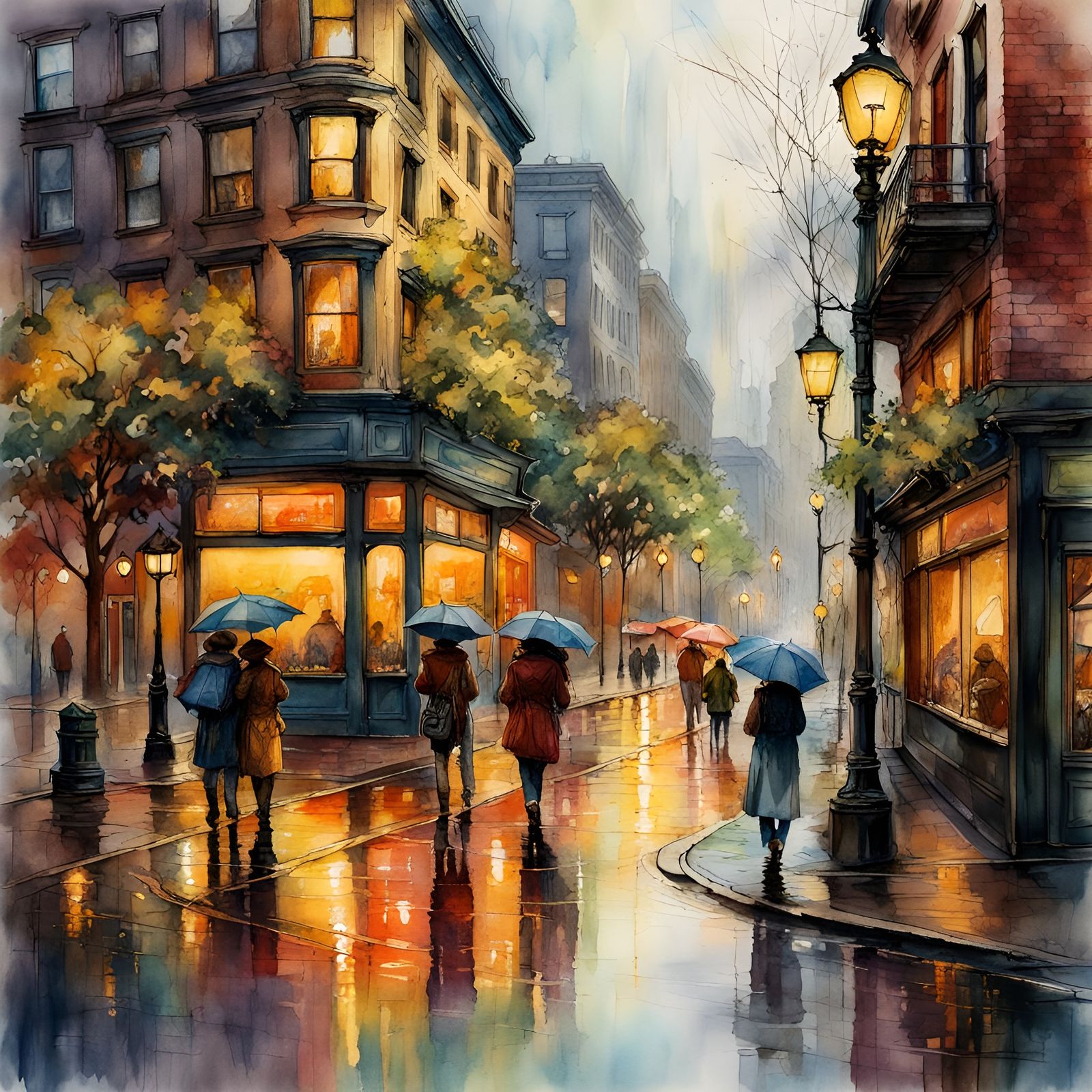 Rainy Day in Portland: Watercolor and Ink Illustration