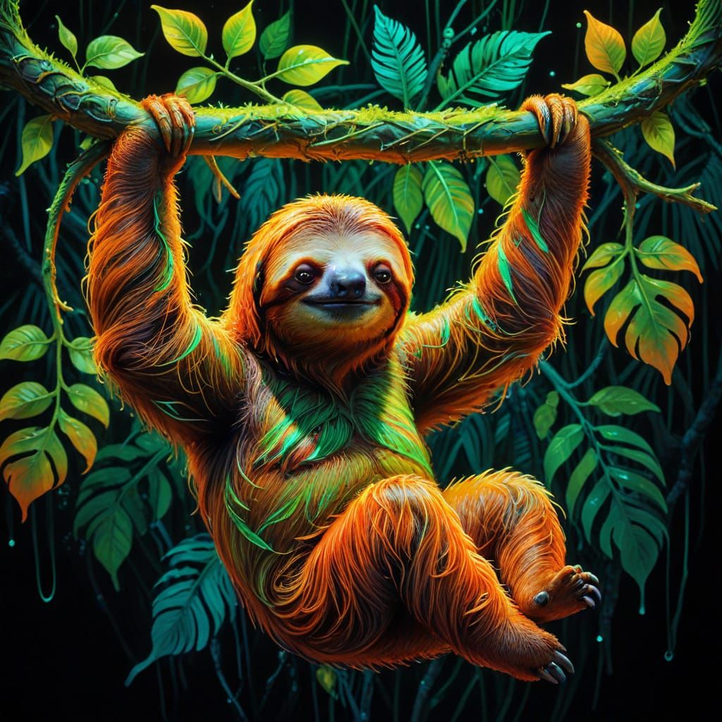Neon Sloth Hanging Brightly in Jungle, Alcohol Ink Style