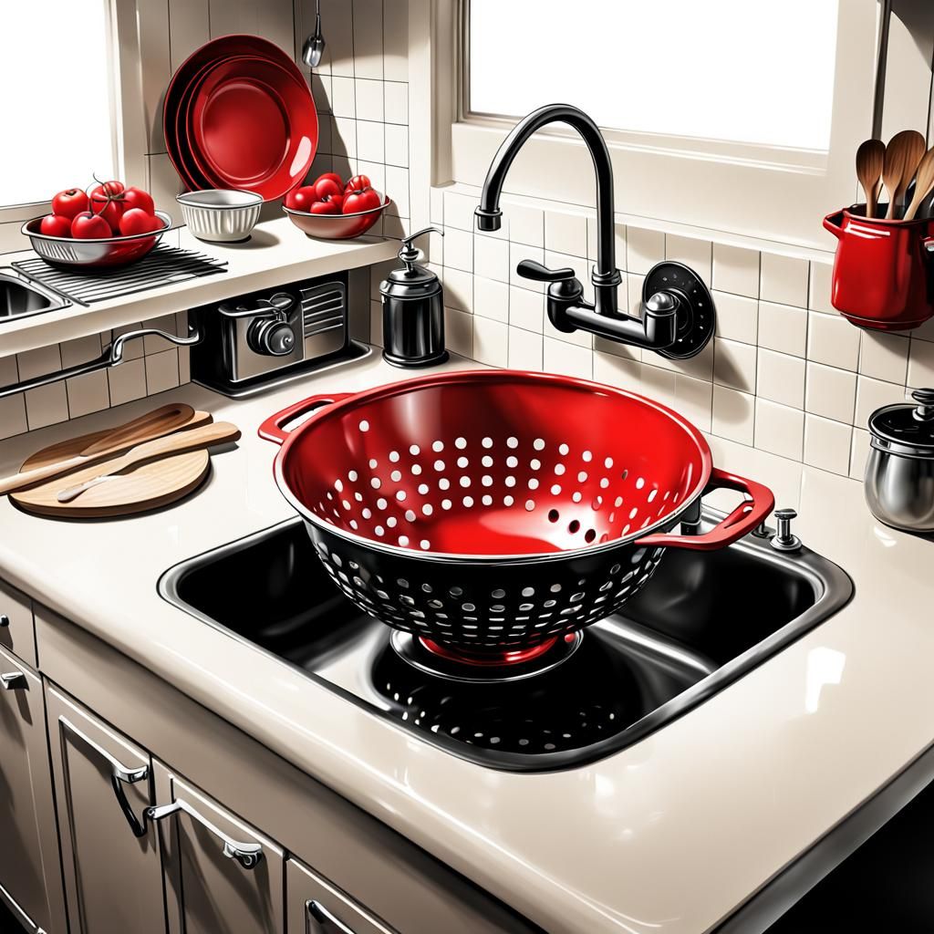 Retro Style Colander Above Kitchen Sink